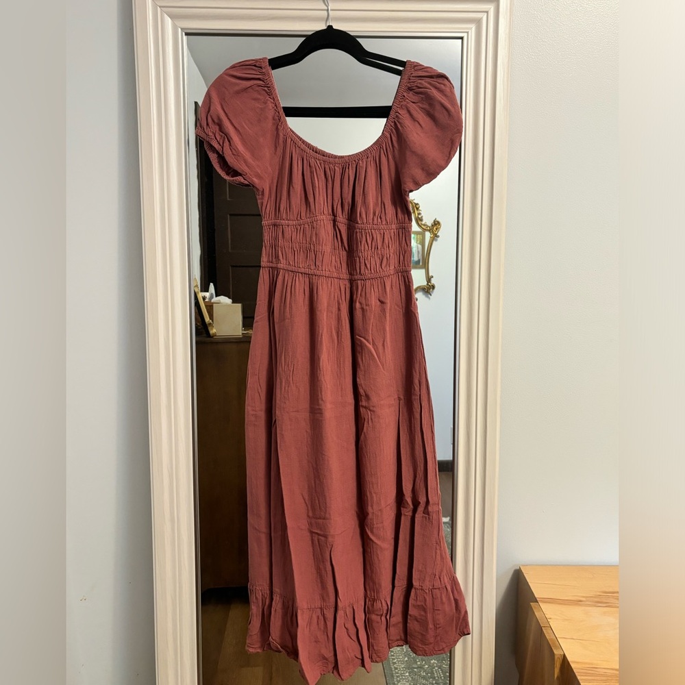 Sim & Sam Dusty Rose Mauve Puff Sleeve Ruffle Midi Dress